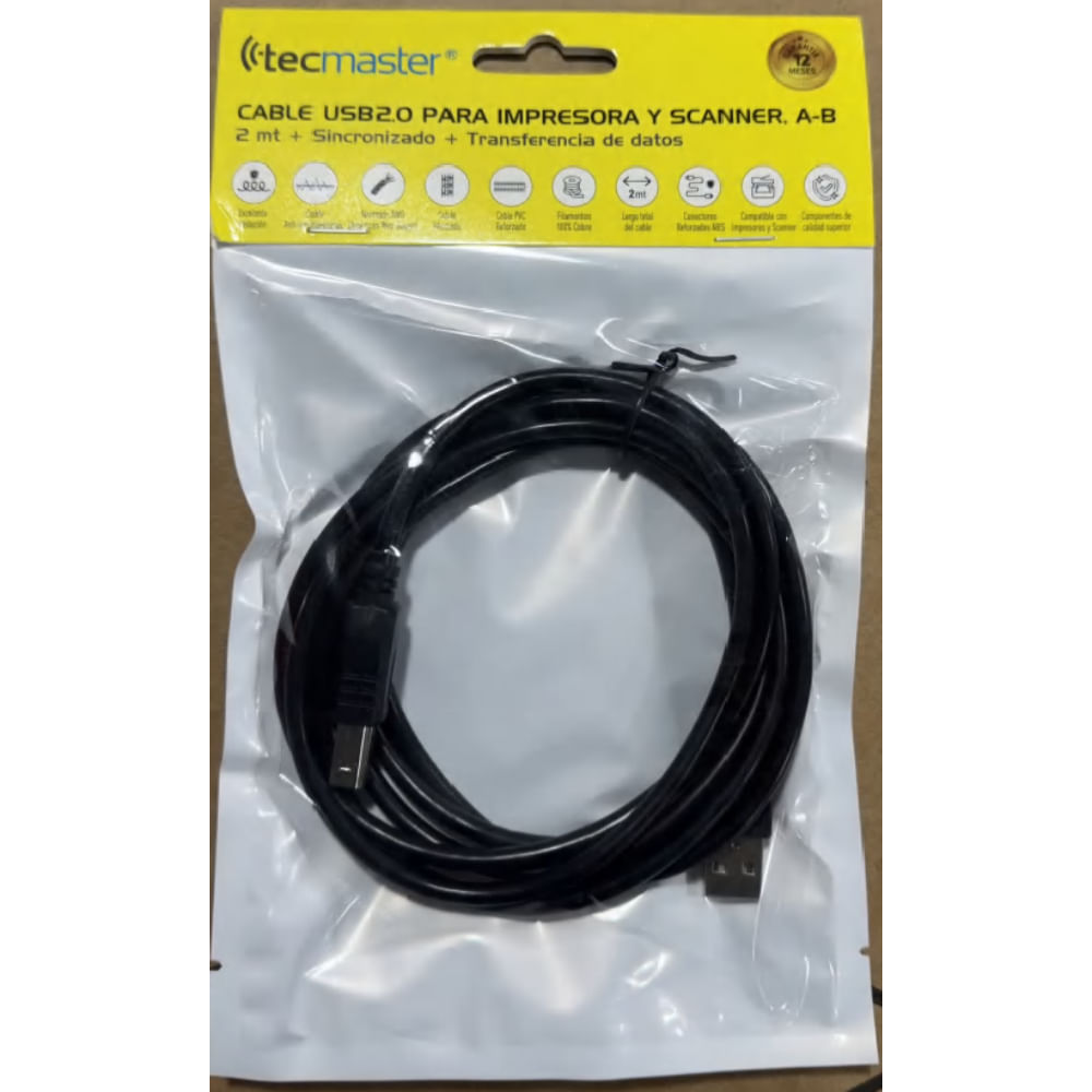 TECMASTER CABLE USB 2.0 PARA IMPRESORA Y SCANNER A-B 2 METROS COLOR NEGRO
